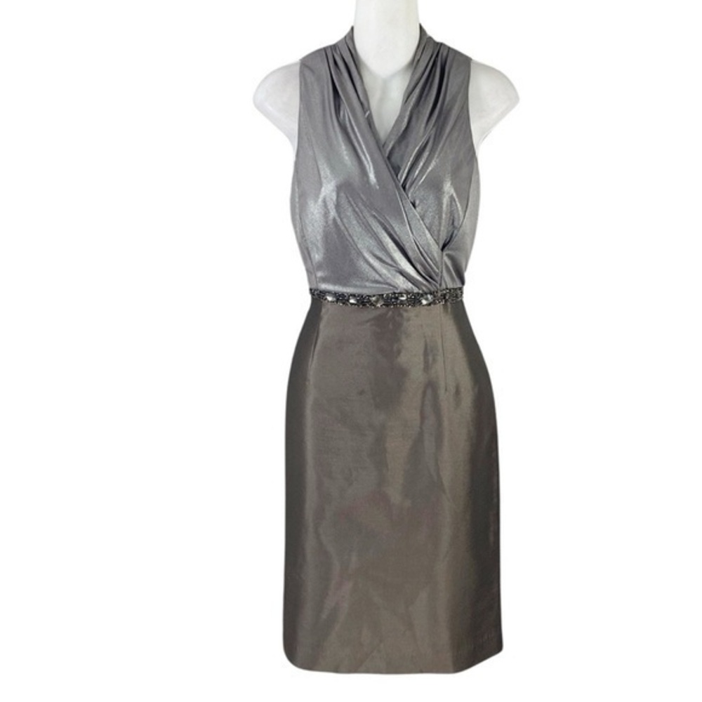 Kay Unger Metallic Silver Taupe Silk Wool Surplice Bodice Sheath Dress 6 H12